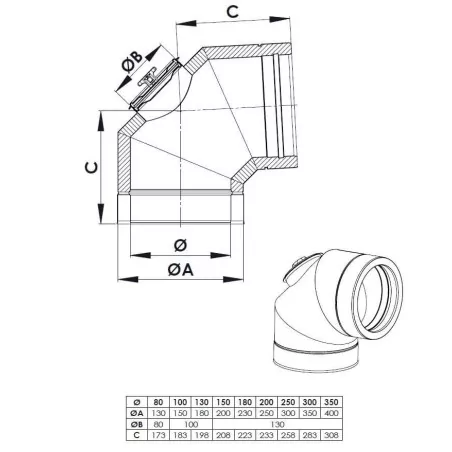 plan coude 87 avec trappe - conduit de fumée double paroi isolé