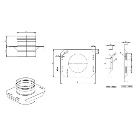 plan plaque de support réglable - conduit de fumée simple paroi