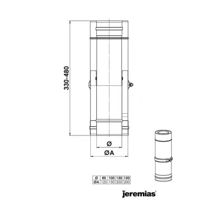 plan élément droit réglable 320-480 mm - conduit de fumée concentrique pour foyer et poêle gaz