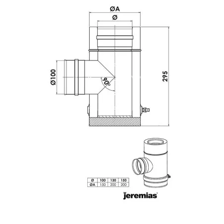 plan té 90 inox sortie de fumées piquage 100 mm femelle - conduit de fumée concentrique pour poêle à pellet