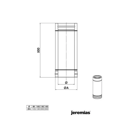 plan élément droit 500 mm noir - conduit de fumée concentrique noir poêle à pellets